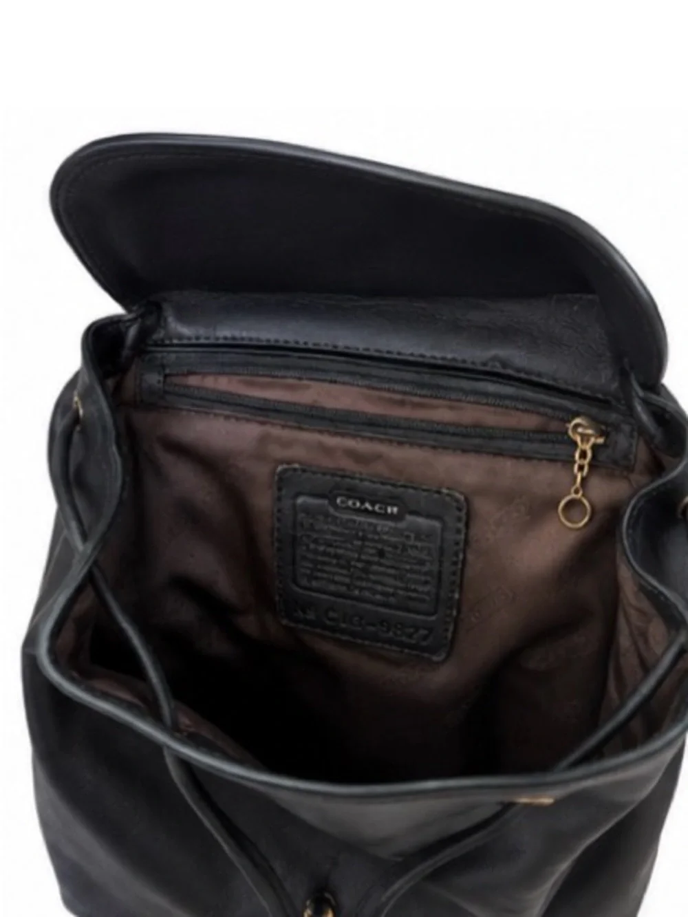 Coach Black Leather Drawstring Backpack with Gold Hardware
